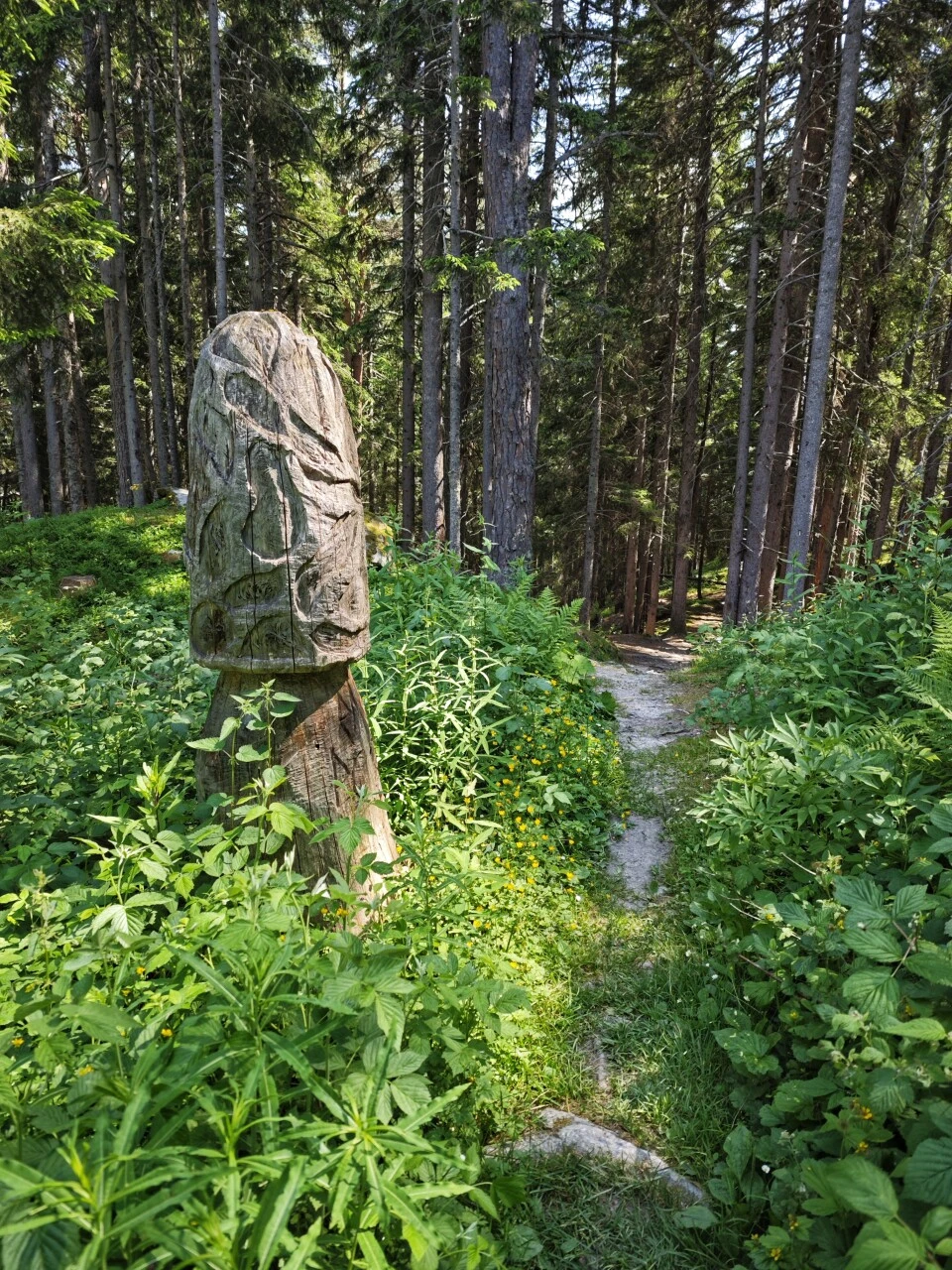 Scultura in legno sul sentiero forestale di Champex